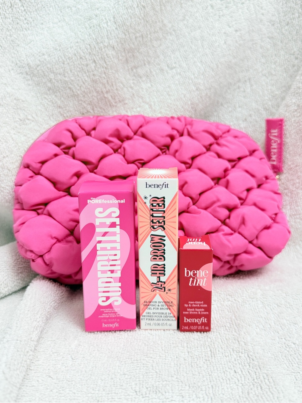 Benefit Makeup Samples w/Bag - Setting Spray, Brow Setter & Lip/Cheek Stain